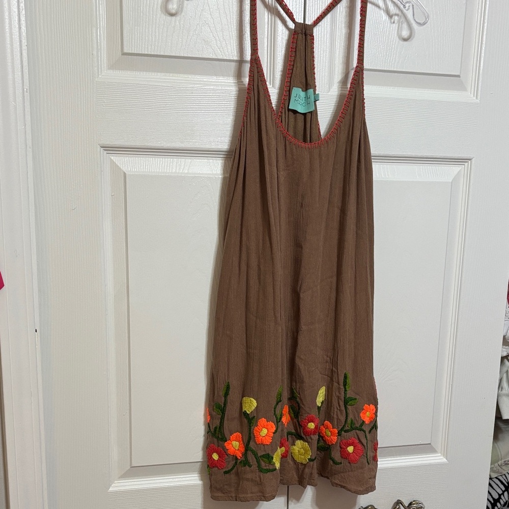 Judith March Tan Dress with floral embroidery